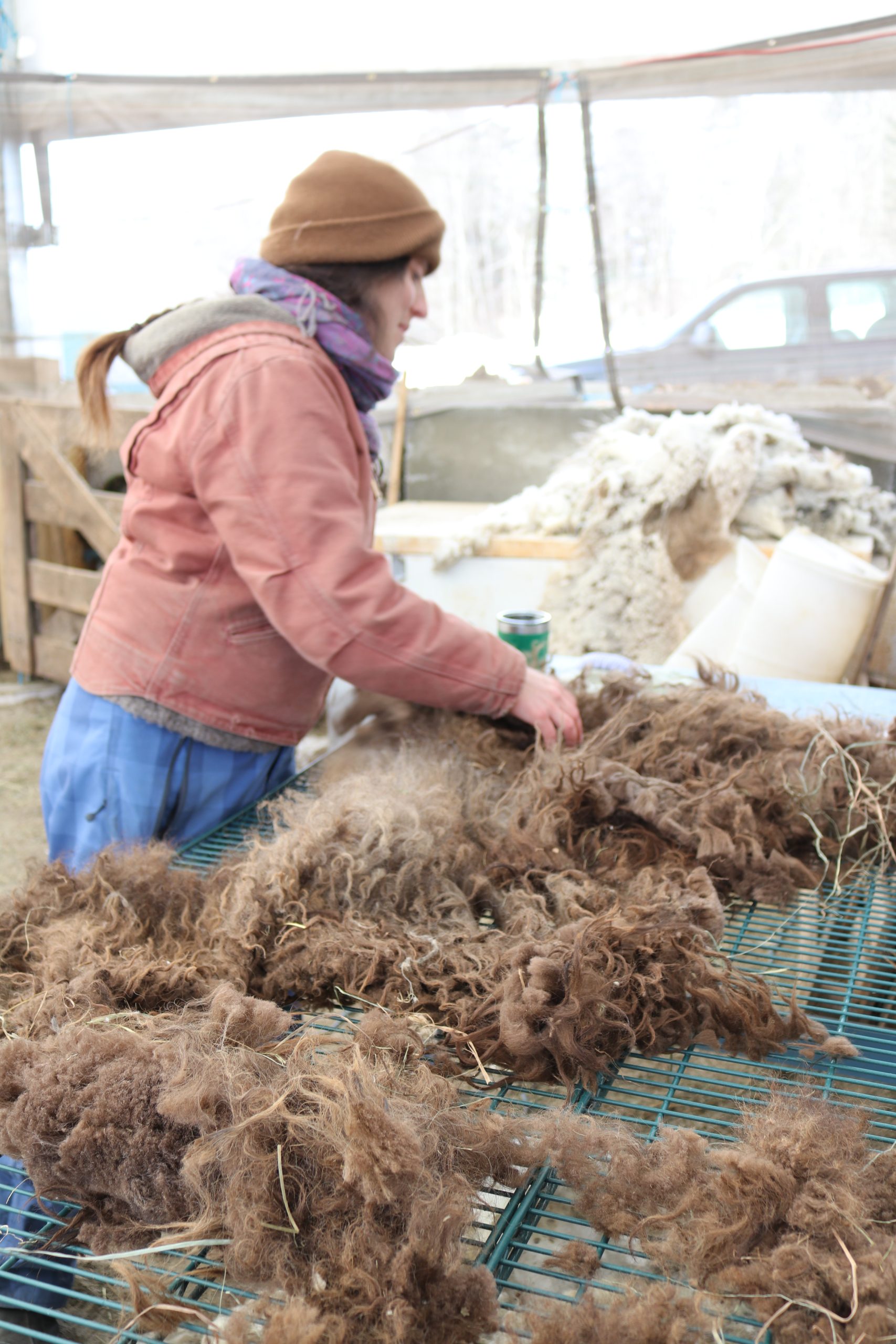 A photo of a woman handling wool